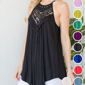 CY Fashion Size S BLACK CROCHET LACE DETAIL TANK TOP WITH BACK KEYHOLE VGUC
